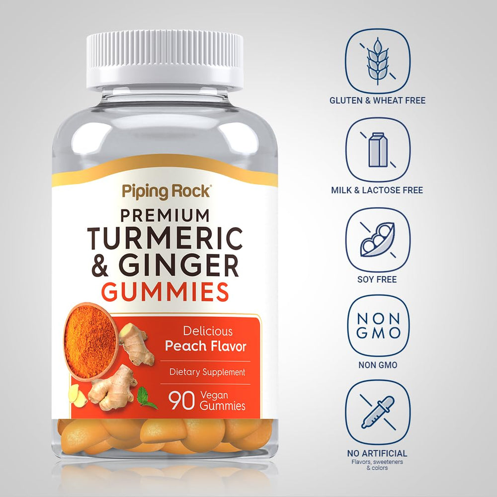 Close-up of peach-flavored turmeric-ginger gummy