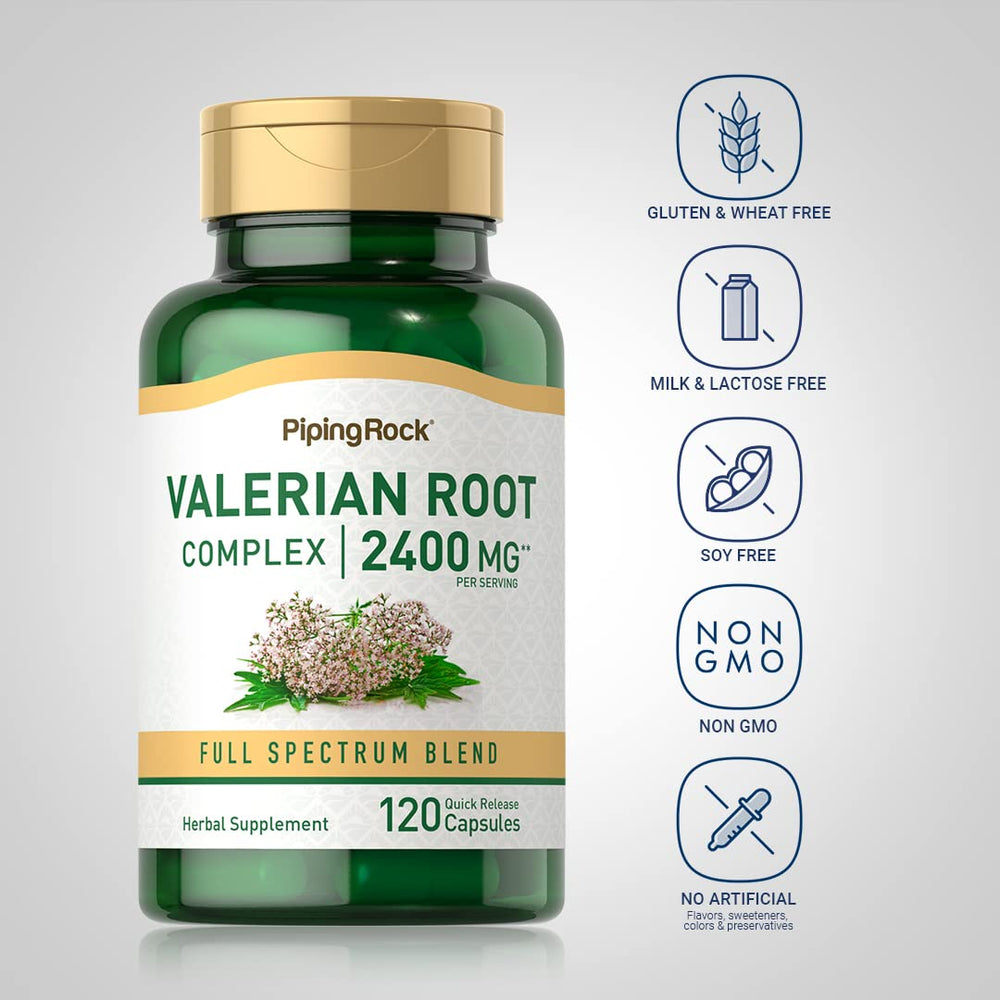 Valerian root capsules showing 2,400 mg complex