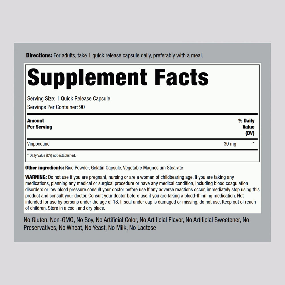 Close-up of Vinpocetine 30mg bottle label