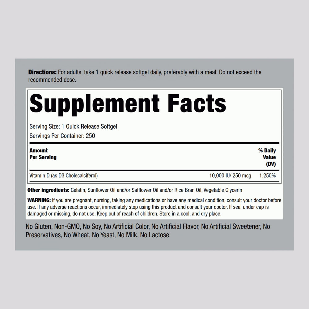 Label showing 10000 IU per serving on Vitamin D3 bottle