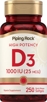 Front view of Piping Rock Vitamin D3 1000IU softgels bottle