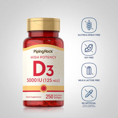 Piping Rock Vitamin D3 softgels amber bottle emphasizing premium packaging.