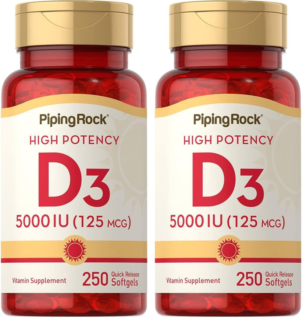 Piping Rock Vitamin D3 5000 IU softgels bottle for easy daily routine.