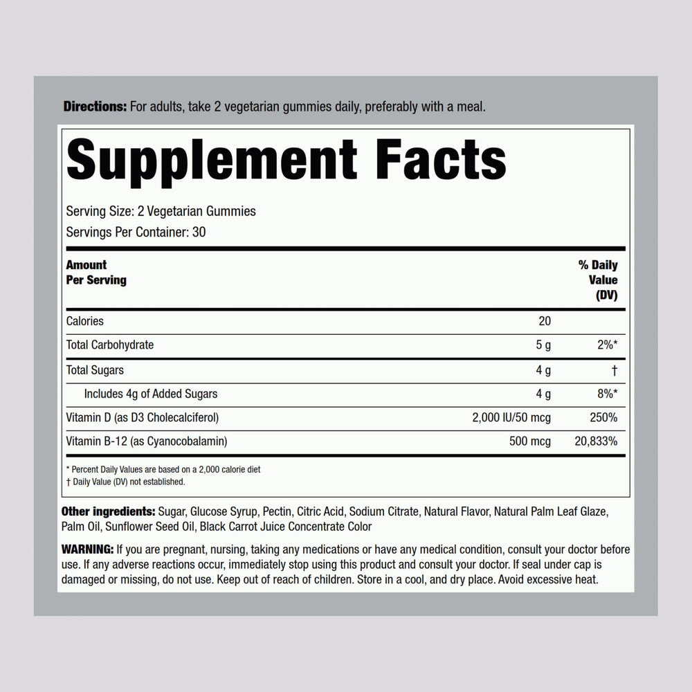 Back of vitamin gummies bottle with supplement facts, pack of 2
