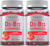 Piping Rock Vitamin D3 & B12 Gummies Strawberry flavor bottle front view, pack of 2