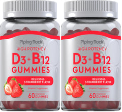 Piping Rock Vitamin D3 & B12 Gummies Strawberry flavor bottle front view, pack of 2