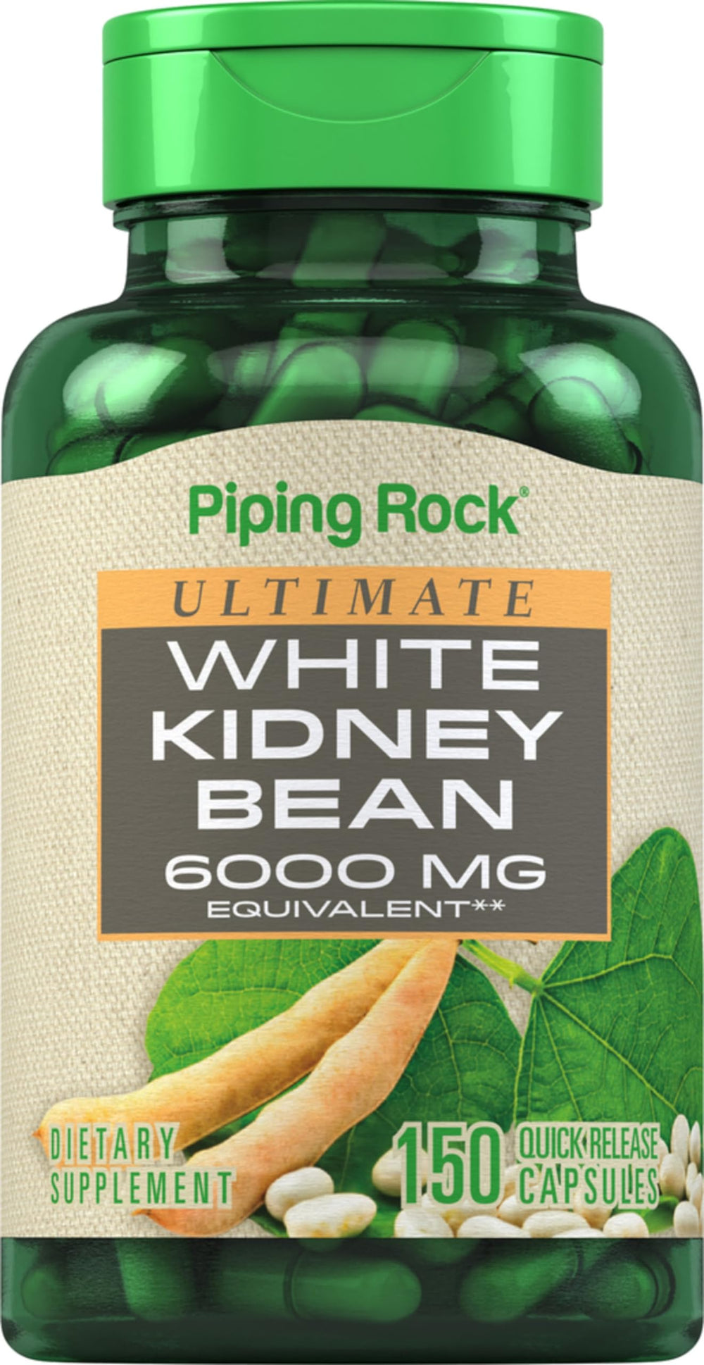 Bottle label: Piping Rock White Kidney Bean Extract 6000mg, 150 capsules