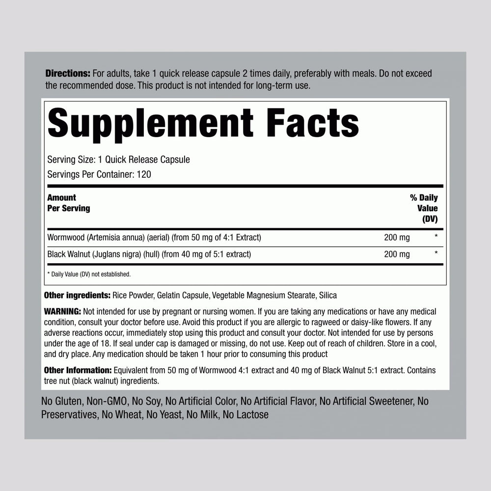 Piping Rock Wormwood Black Walnut Capsules bottle – back label