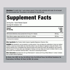 Product label for Wormwood Black Walnut Capsules