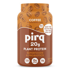 Pirq Dairy Free Protein Powder Coffee flavor tub label highlighting 20g plant-based protein and 25 superfoods