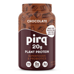 Pirq dairy-free protein powder chocolate tub highlighting 20g plant protein for daily energy