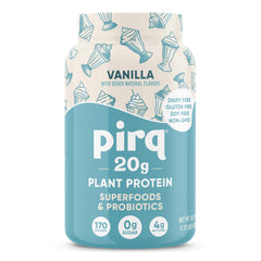 Pirq vanilla dairy-free protein powder canister ready for on-the-go shakes.