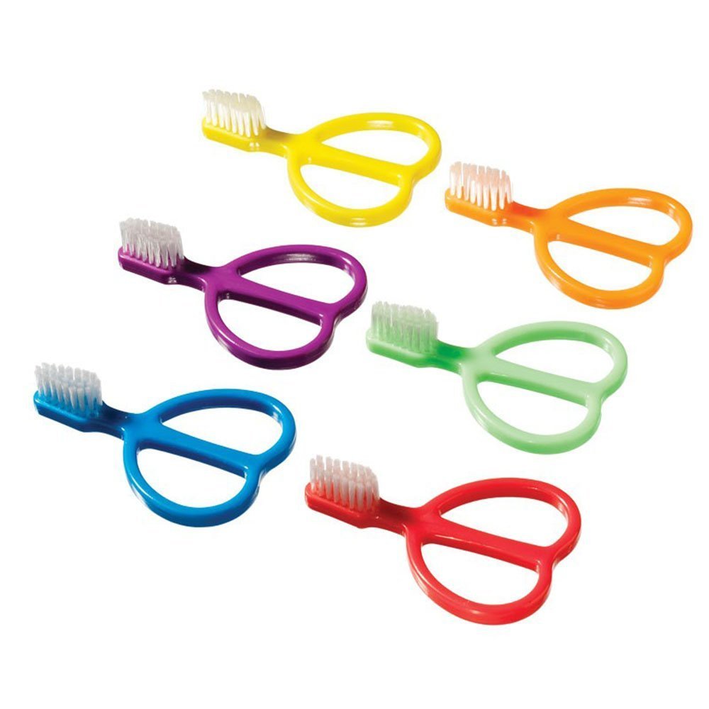 Box of 24 Plak Smacker Infant Toothbrushes with oversized handle for safe brushing, featuring 28 soft Dupont Tynex bristles for infants up to 3 years; colors may vary.