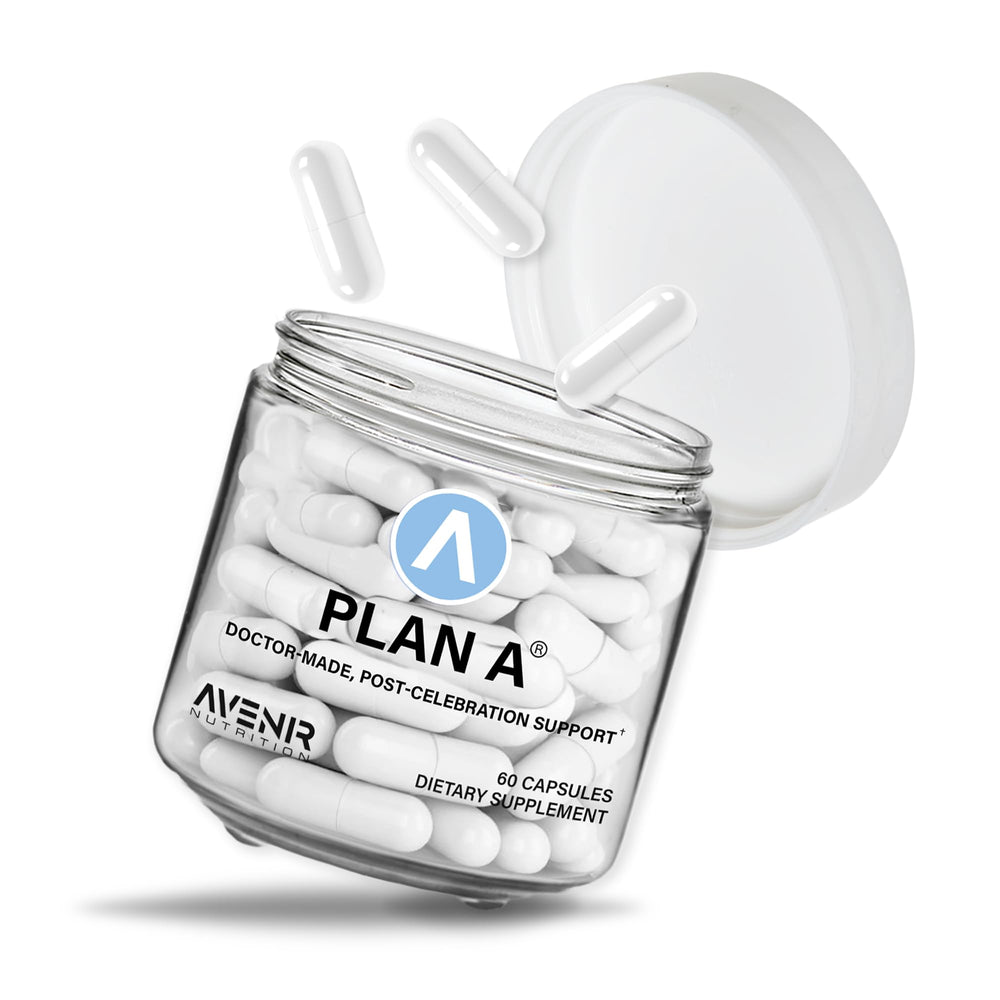 Plan A bottle and 45 capsules on white background