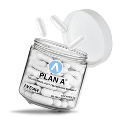 Plan A bottle and 45 capsules on white background