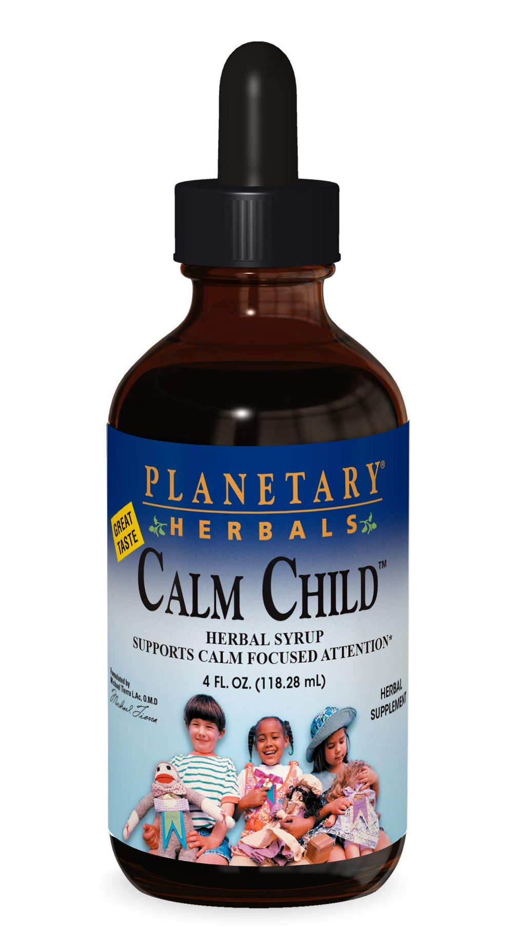Planetary Herbals Calm Child bottle close-up, suggesting gentle calm and focus support.