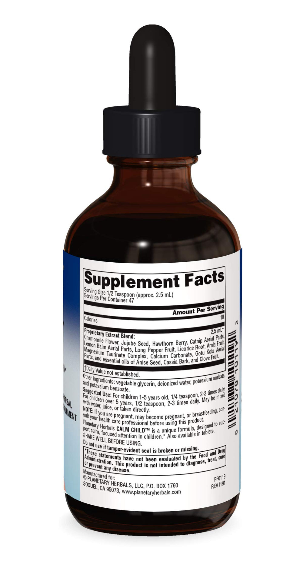 Planetary Herbals Calm Child taste and application scene demonstrates mix-with-water or direct-take.