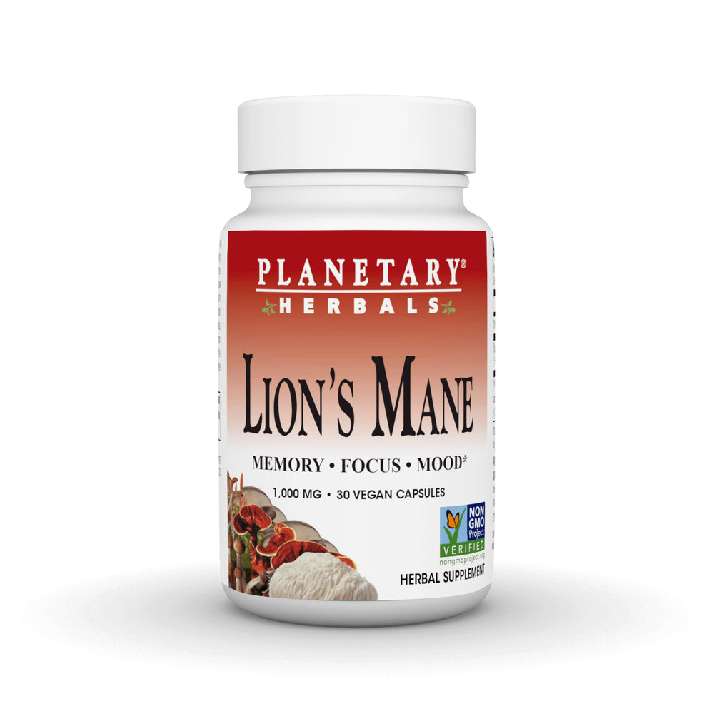 Front view of Planetary Herbals Lion's Mane 1000 mg bottle