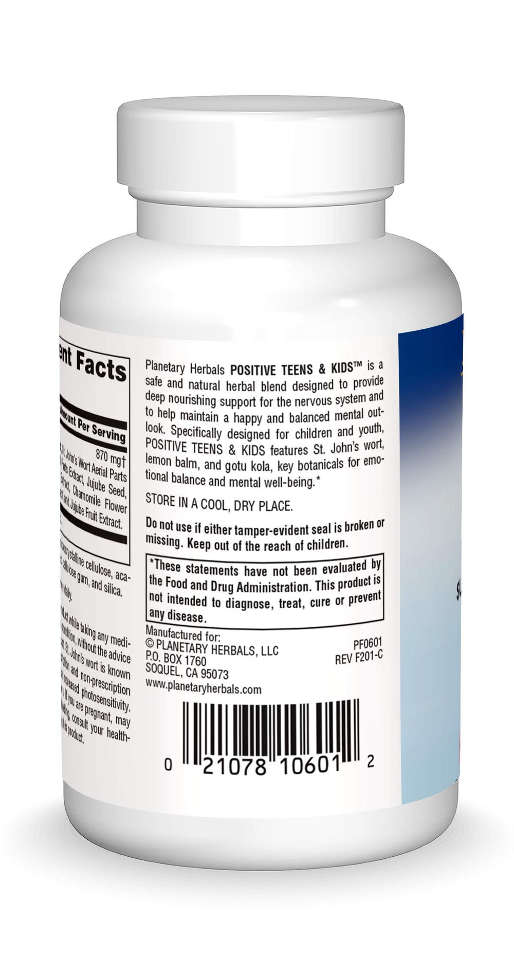 Close-up of product label for Planetary Herbals Positive Teens & Kids