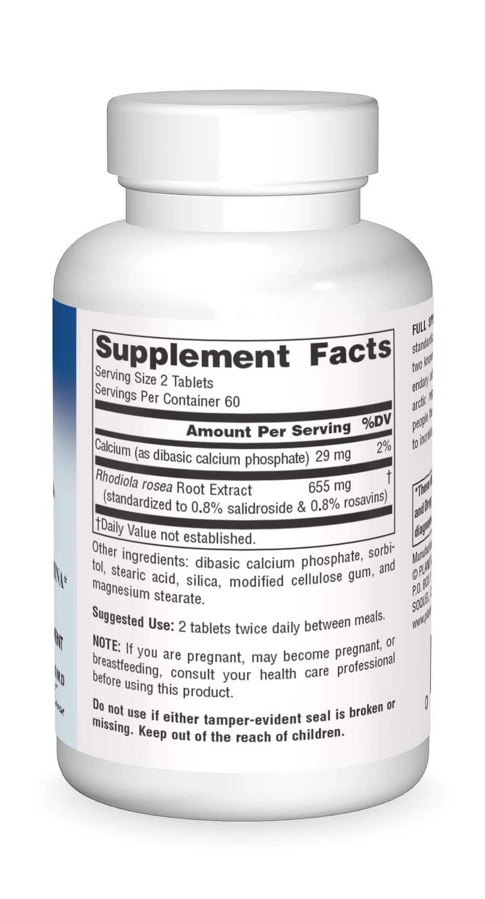 Rhodiola Rosea full spectrum supplement facts label