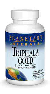 Planetary Herbals Triphala Gold bottle label and tablets