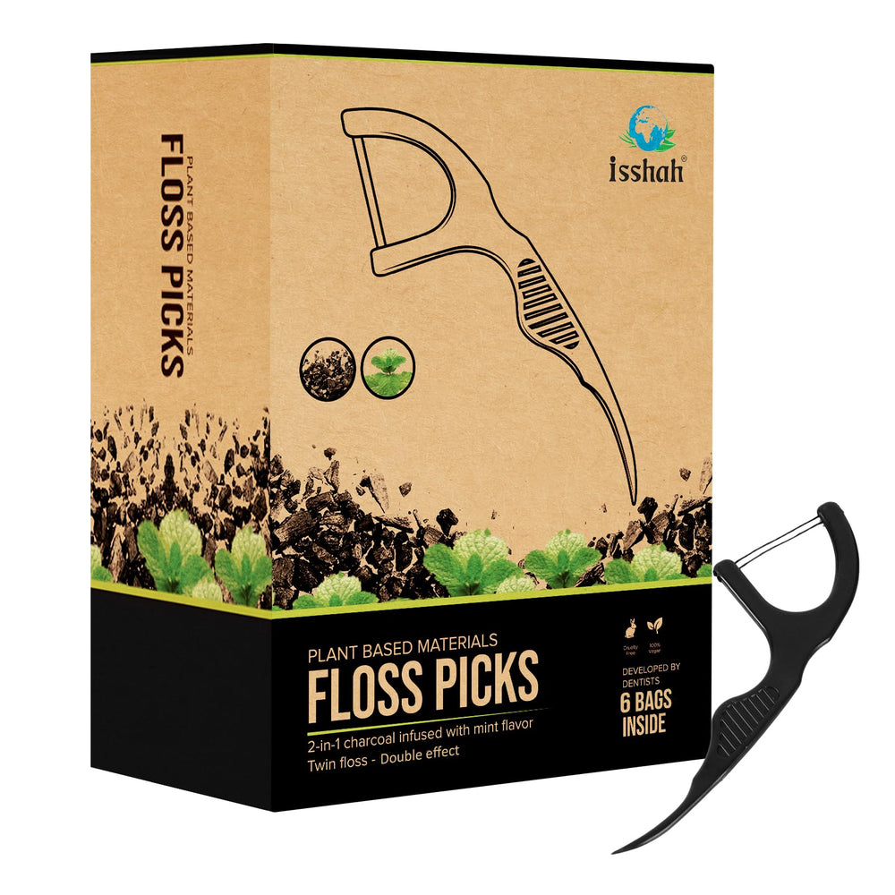 Charcoal-infused twin floss dental picks on white background