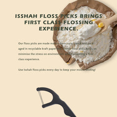 Dental floss pick tip with charcoal strands close-up