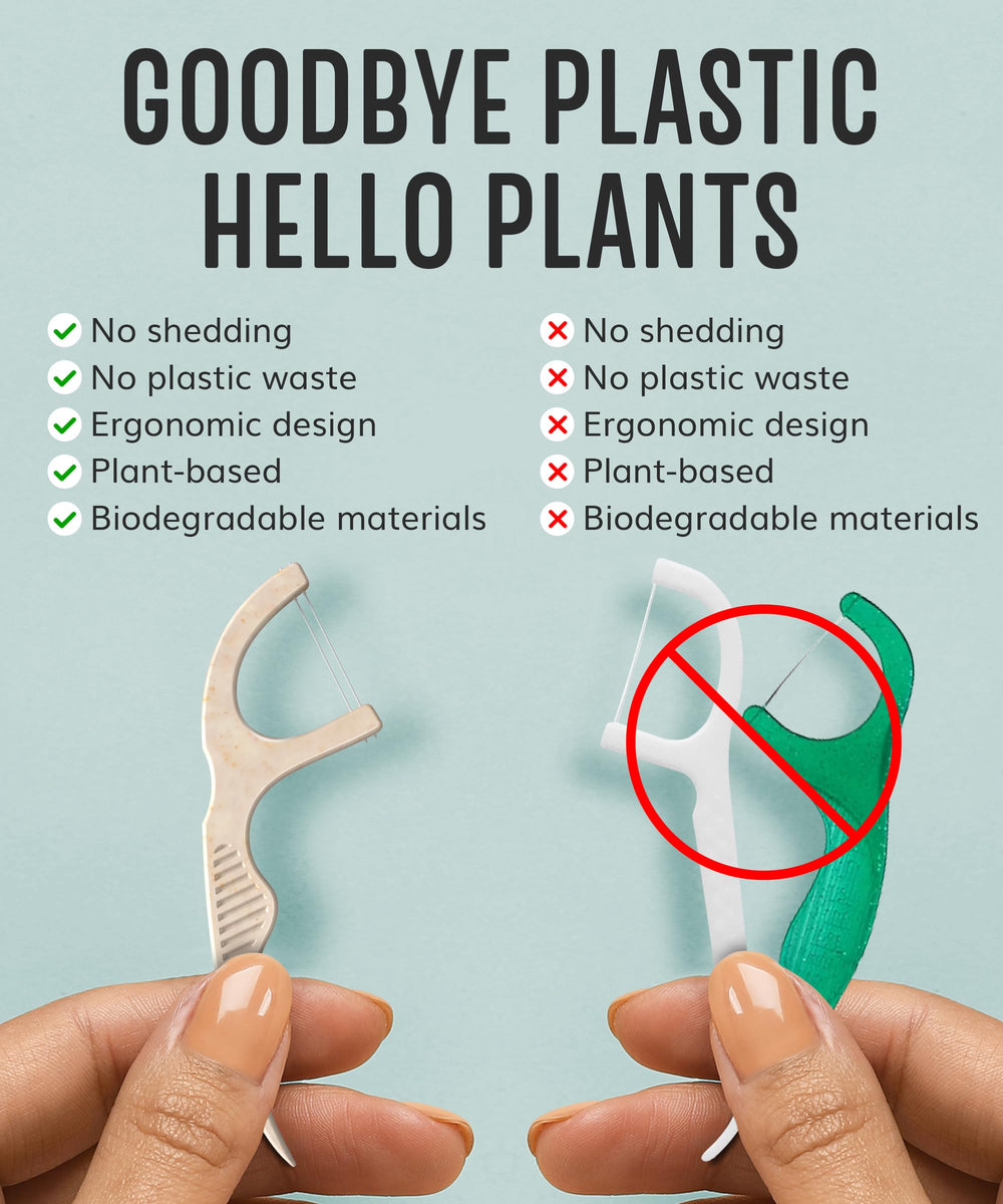 Plant-based double-thread charcoal dental floss picks close-up