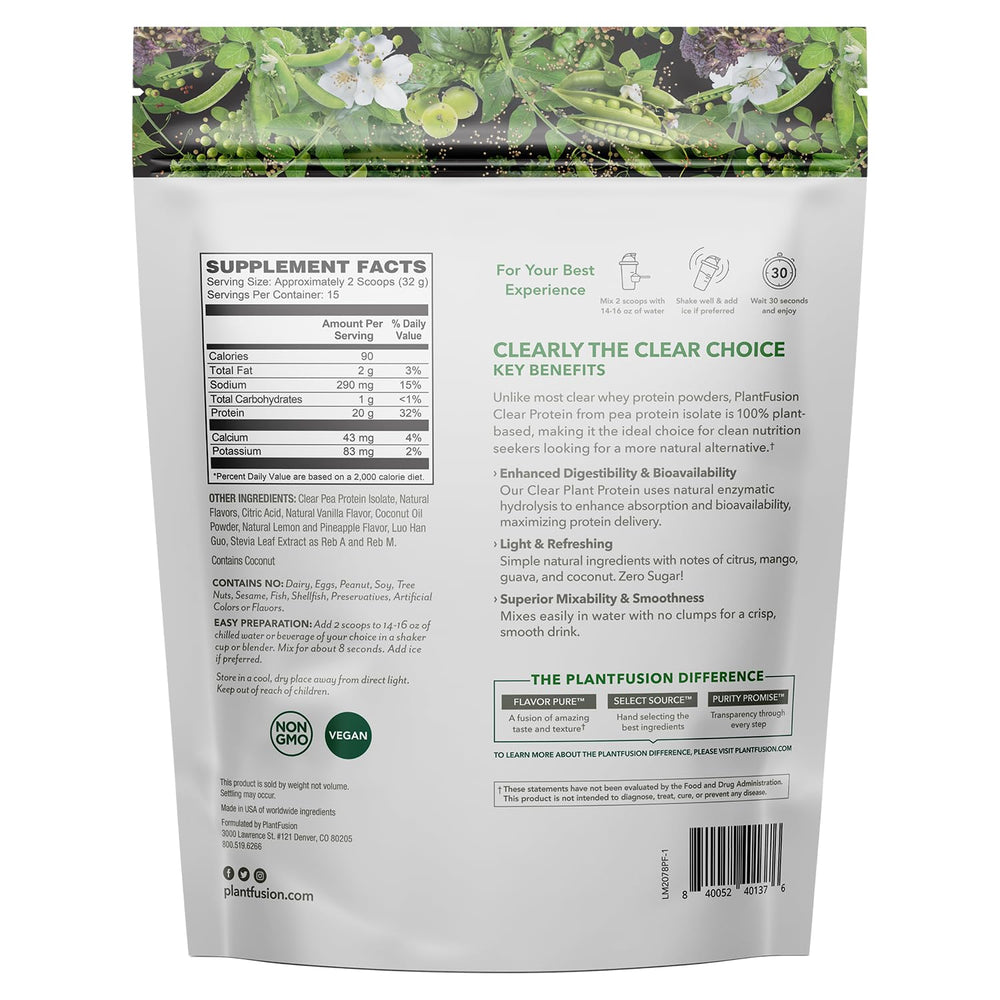 PlantFusion Clear Protein Tropical Punch glass highlights vibrant, low-calorie hydration.