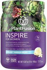 PlantFusion Inspire creamy vanilla powder scoop for lean muscle support