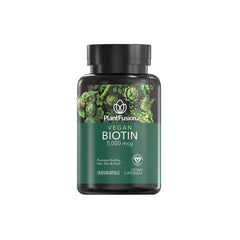 Bottle of PlantFusion Vegan Biotin 5000mcg with 120 capsules