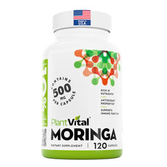 Bottle of PlantVital Organic Moringa Leaf Capsules 500mg for eye health and antioxidants