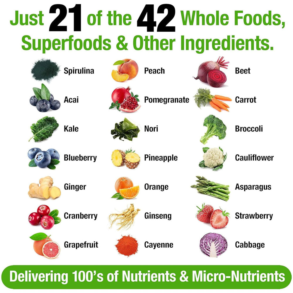 Vegan multivitamin capsules next to greens and berries