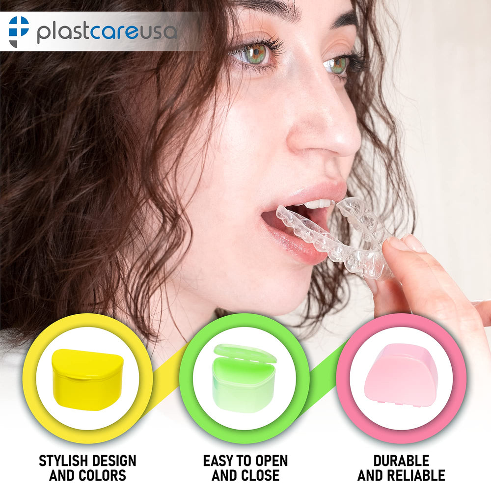 Travel-friendly pink denture case securely closed with lid