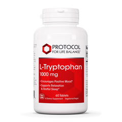 Product label showing Protocol for Life Balance L-Tryptophan 1000mg 60 tabs