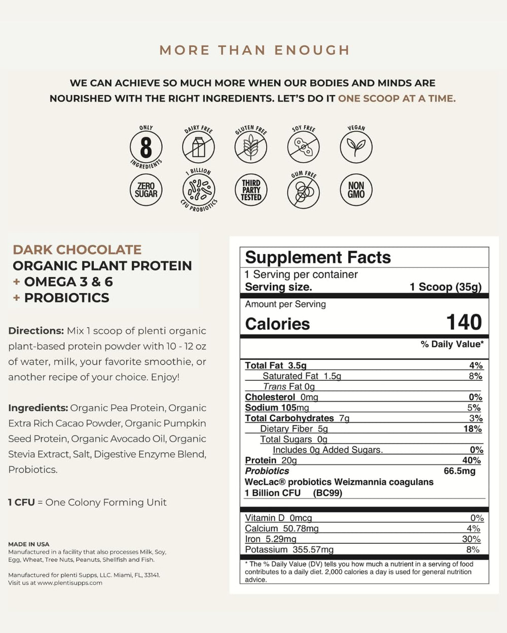 Ingredients include organic pea protein and pumpkin seed protein