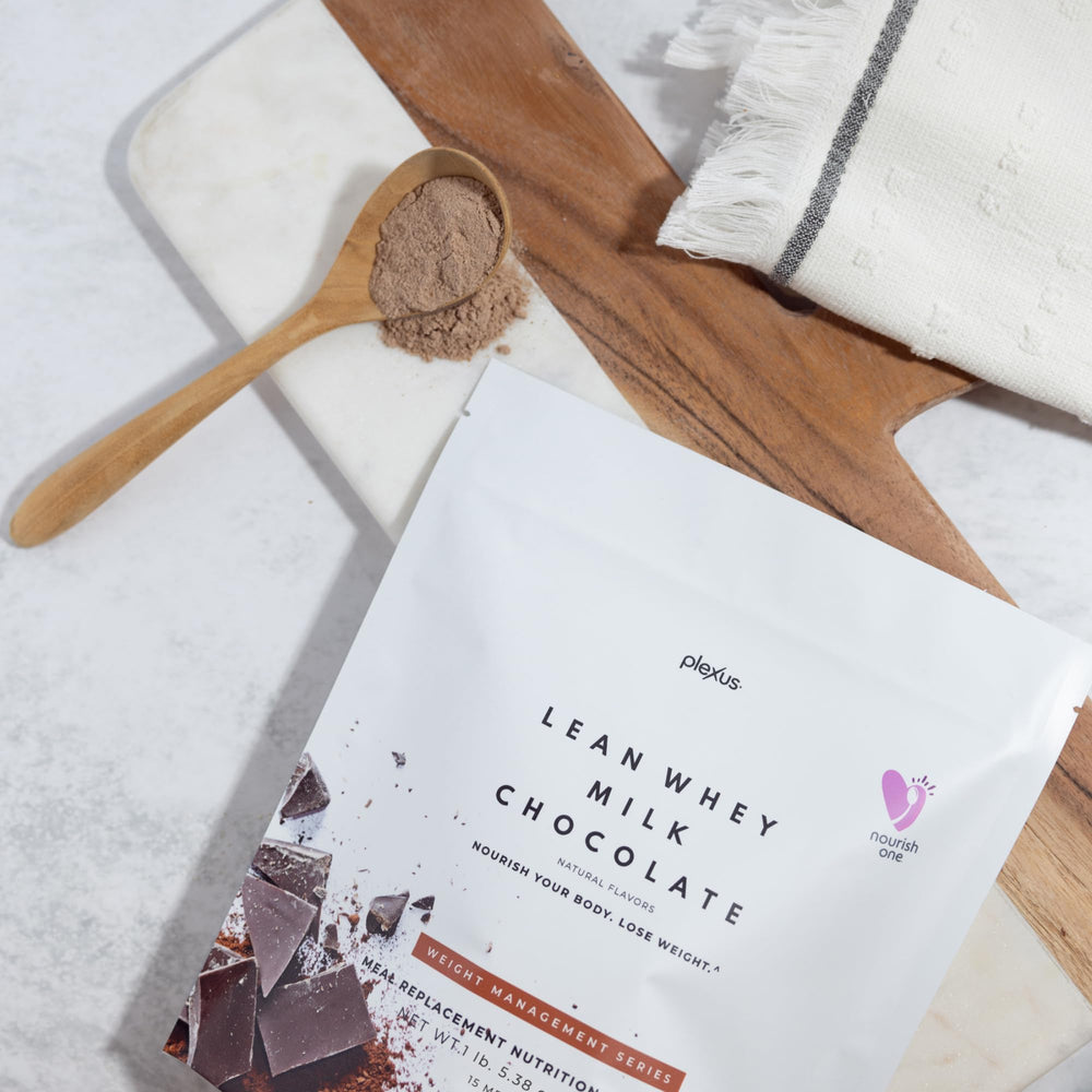 Display showing 15 meals per pack of Plexus Lean Whey Chocolate