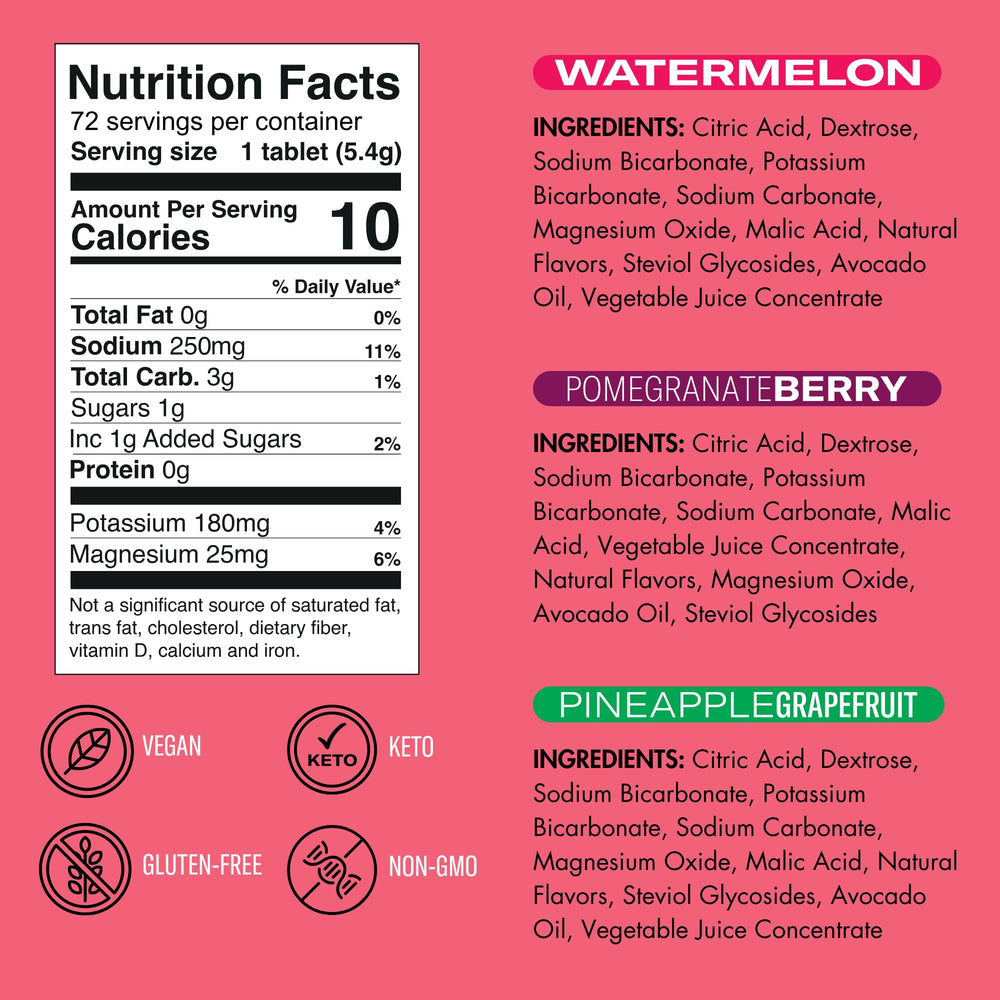 Tablet dissolving in water creates refreshing fizz and easy hydration.