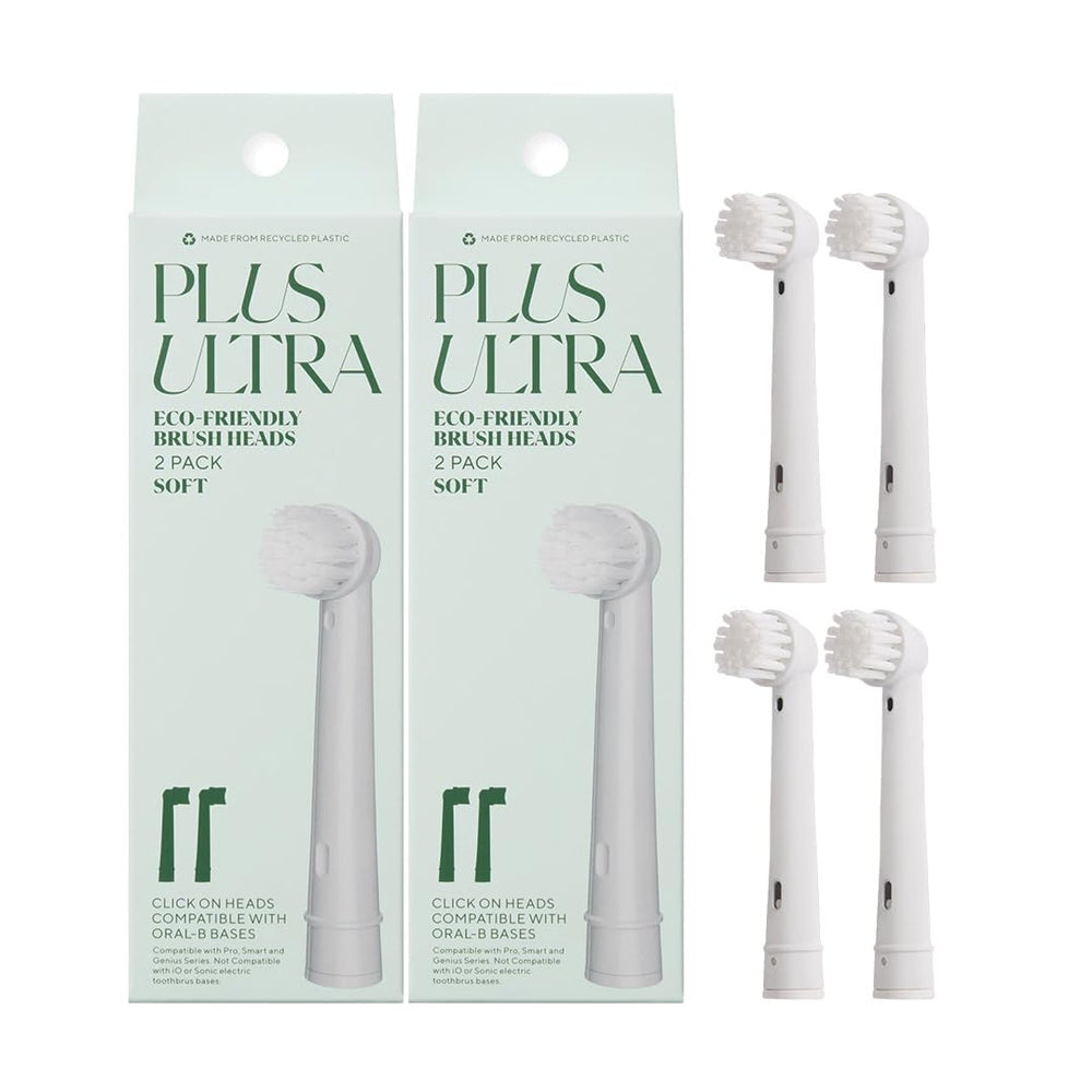 Front view of Plus Ultra eco-friendly Oral-B replacement head 4-pack