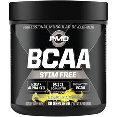 PMD BCAA Stim-Free Lemonade bottle with scoop