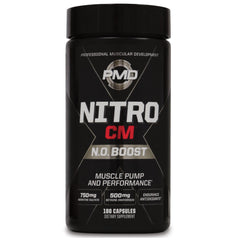 PMD Nitro CM bottle close-up for pre-workout support during training.