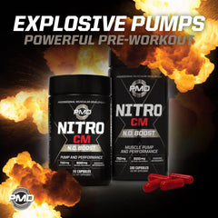 PMD Nitro CM ingredient-blend graphic featuring citrulline malate and betaine.