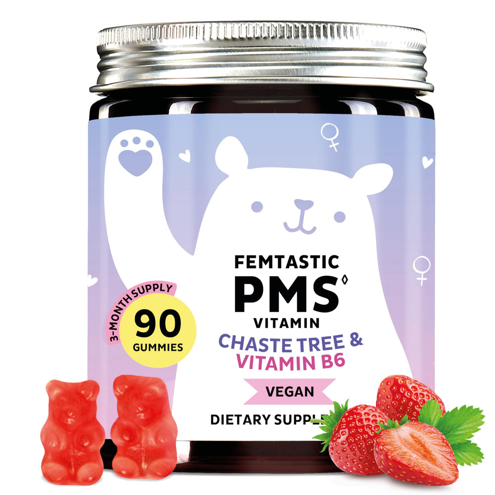 PMS support gummy bottle with 90 vegan gummies