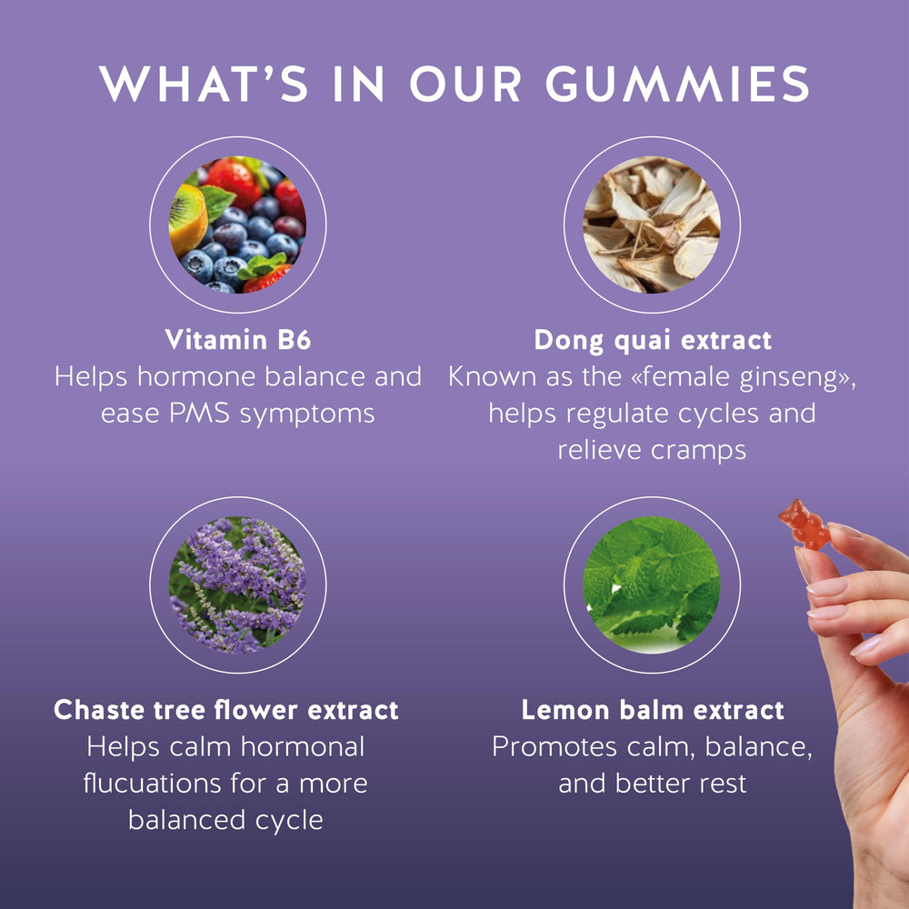 Gummies showing lemon balm and vitamin B6 ingredients