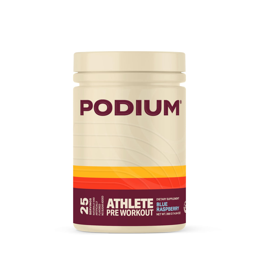 Podium Nutrition Athlete Pre-Workout blue raspberry canister ready for pre-workout energy