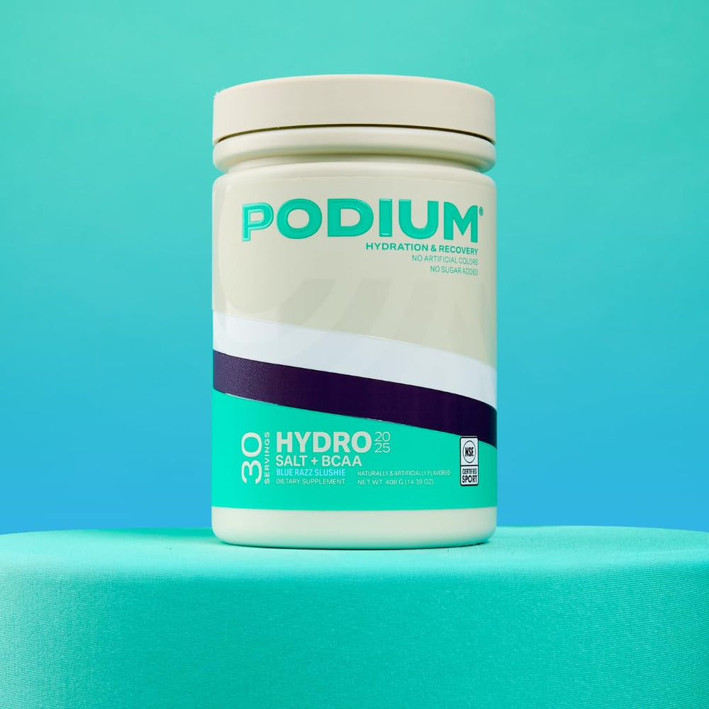 Podium Nutrition Hydro + Salt athlete workout scene suggests recovery and steady performance.
