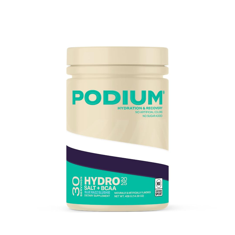 Podium Nutrition Hydro + Salt blue razz bottle supports workout hydration.