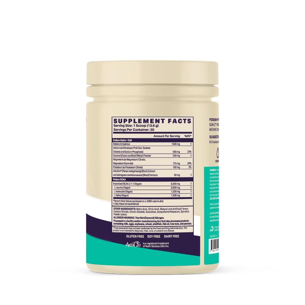Podium Nutrition Hydro + Salt electrolyte illustration highlights mineral replenishment.
