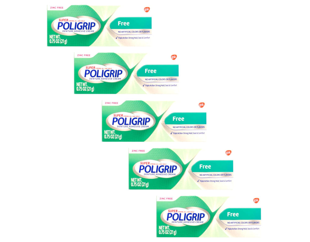 Close-up of Poligrip 5-pack packaging