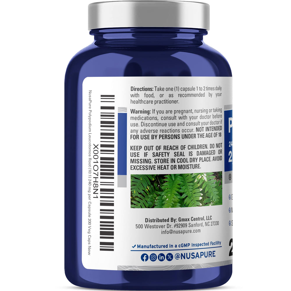 Polypodium Leucotomos bottle label highlighting 10:1 extract and 240 mg per capsule